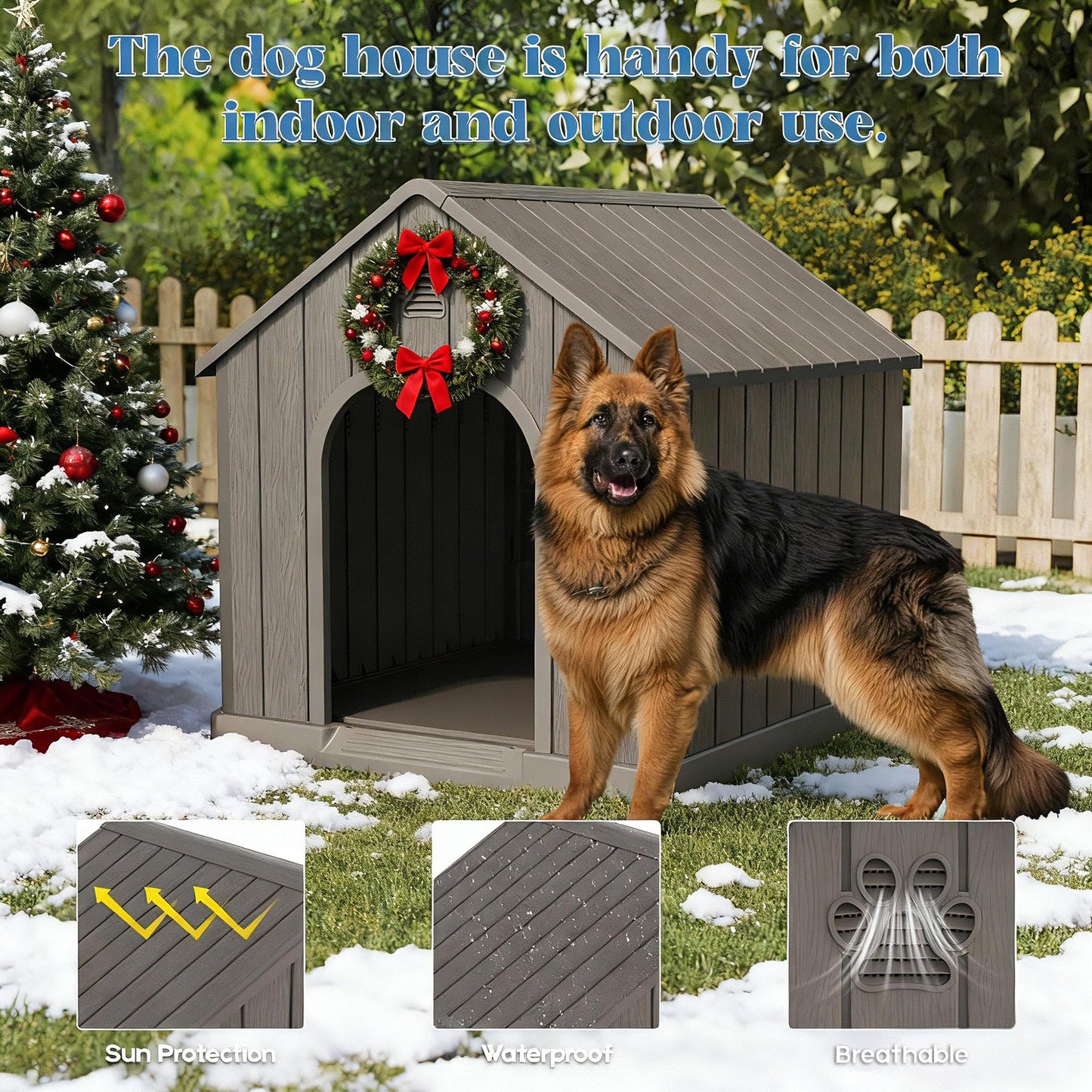 Fancyango Large Dog House Outdoor Indoor for Medium Large Dogs, Sturdy Plastic Waterproof Doghouse with Air Vents and Elevated Floor, Easy Clean and Assemble (Light Grey, 36.2''L×38''W×38''H)