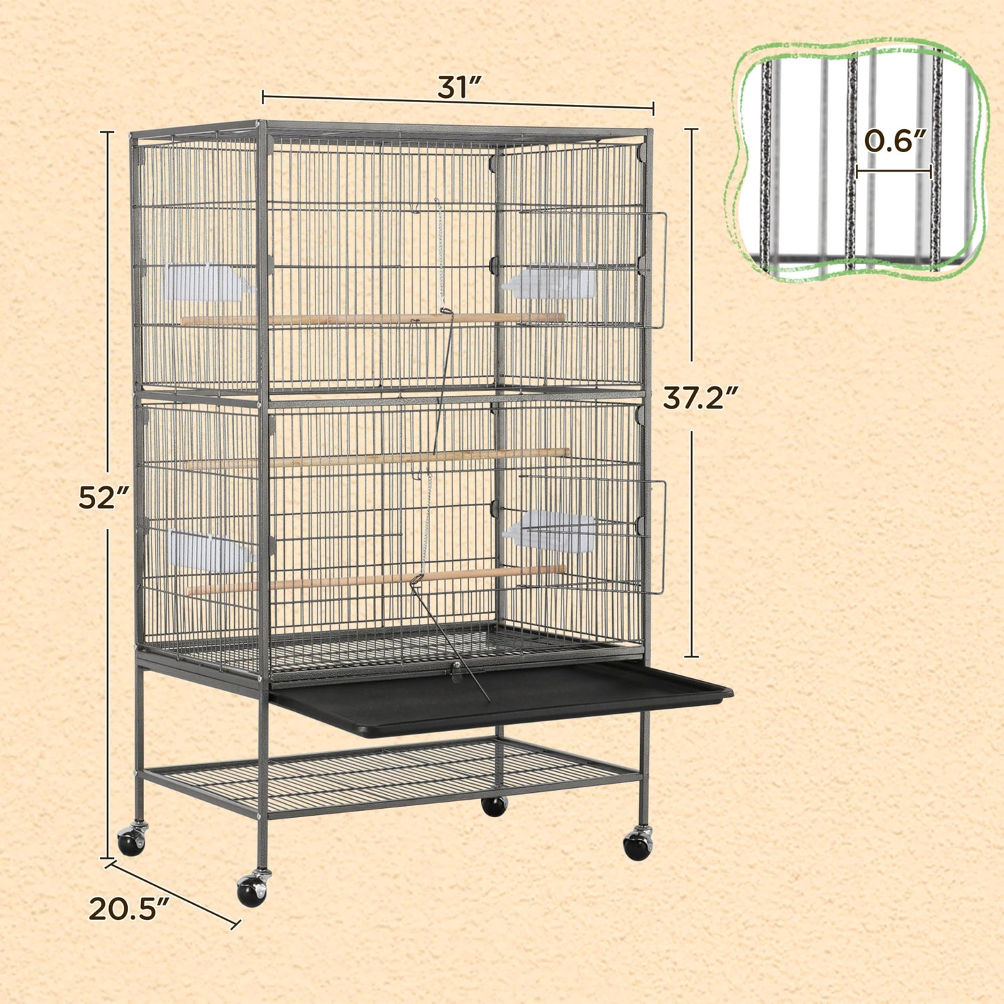 Yaheetech 52'' Bird cage w/Perches & Feeders, Large Birdcage with Pull-Out Tray, Rolling Wheels, Extra Storage, Flight Cage for Cockatiel, Parrot, Parakeet, Conure, Budgie, Pigeon Small/Medium Birds
