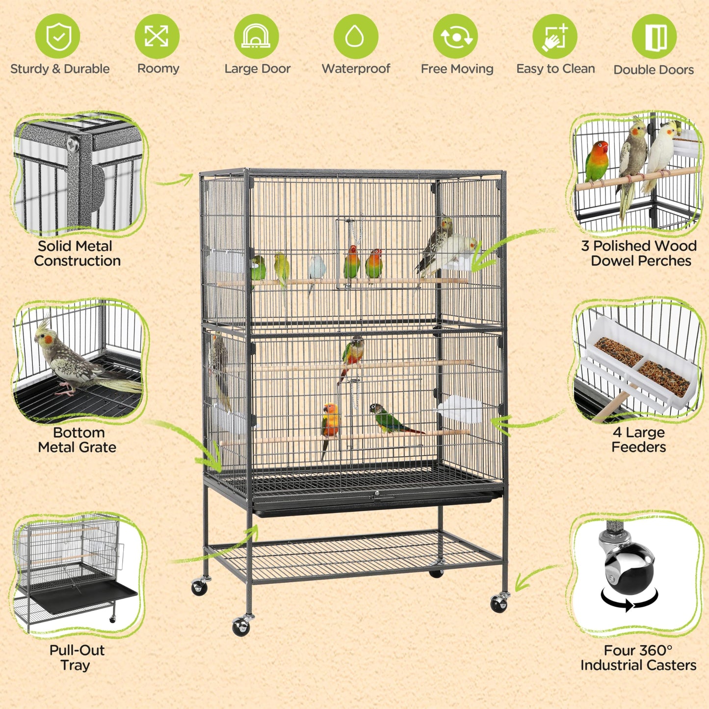 Yaheetech 52'' Bird cage w/Perches & Feeders, Large Birdcage with Pull-Out Tray, Rolling Wheels, Extra Storage, Flight Cage for Cockatiel, Parrot, Parakeet, Conure, Budgie, Pigeon Small/Medium Birds