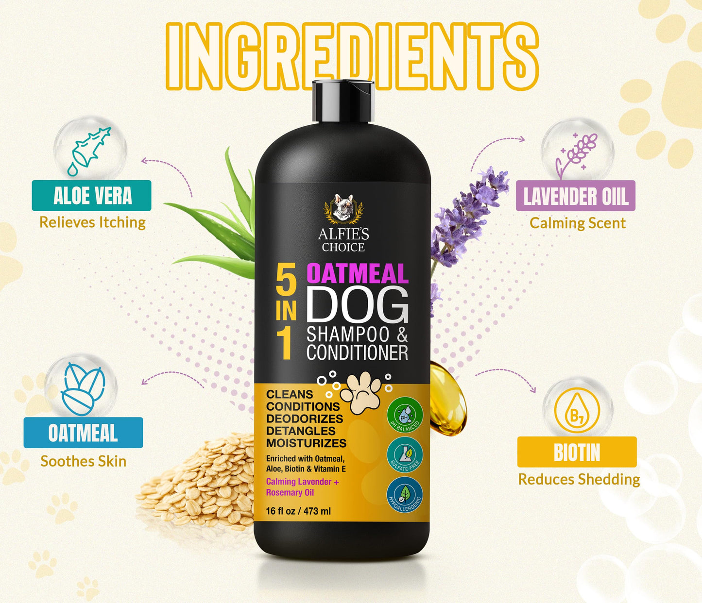 ALFIE'S CHOICE Oatmeal Dog Shampoo and Conditioner 5-in-1 | 16 fl oz | with Aloe, Biotin & Vitamin E | for Dry, Itchy & Sensitive Skin | Cleans, Deodorizes & Detangles for All Breeds
