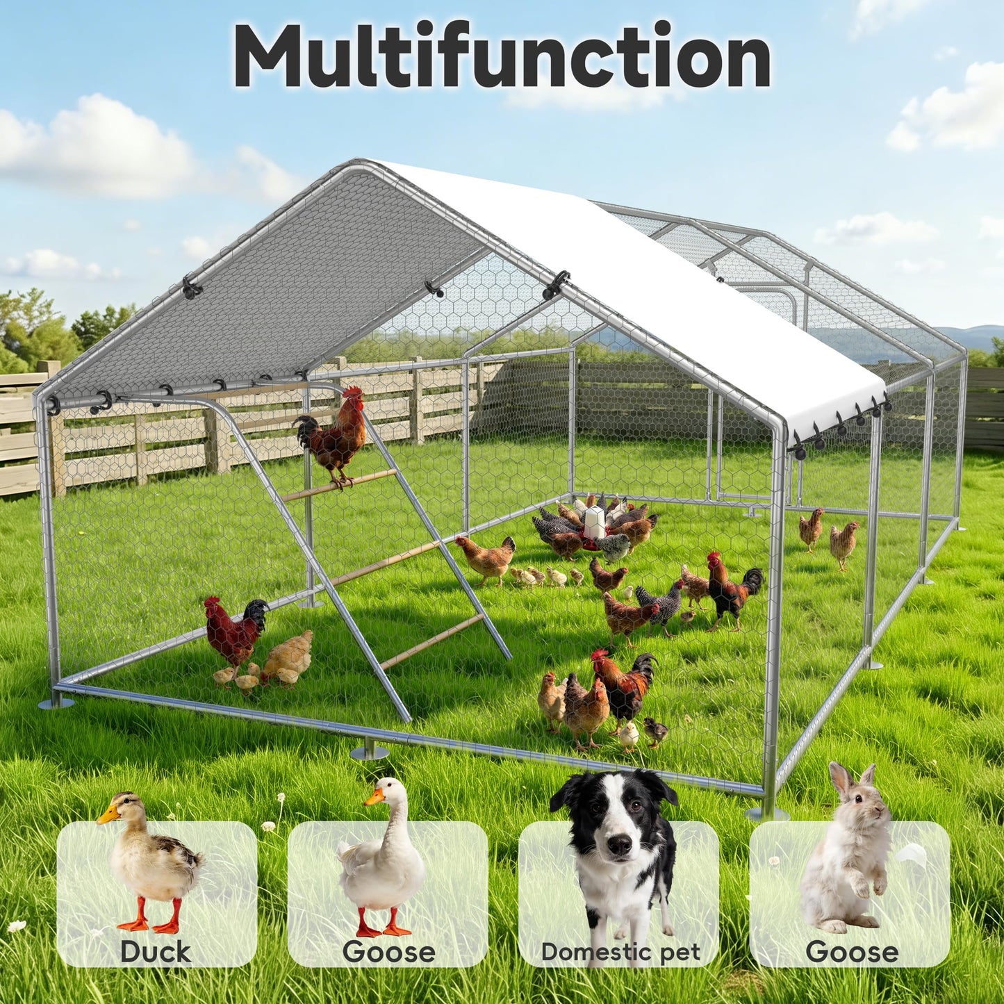 Large Metal Chicken Coop with Run for Yard with Waterproof &Anti-UV Cover,19.7 x 10 x 6.4ft Outdoor Walk-in Poultry Cage Chicken Run Pen with Roosting Perch, Hen Duck Rabbit House
