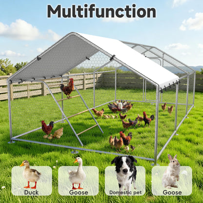 Large Metal Chicken Coop with Run for Yard with Waterproof &Anti-UV Cover,19.7 x 10 x 6.4ft Outdoor Walk-in Poultry Cage Chicken Run Pen with Roosting Perch, Hen Duck Rabbit House
