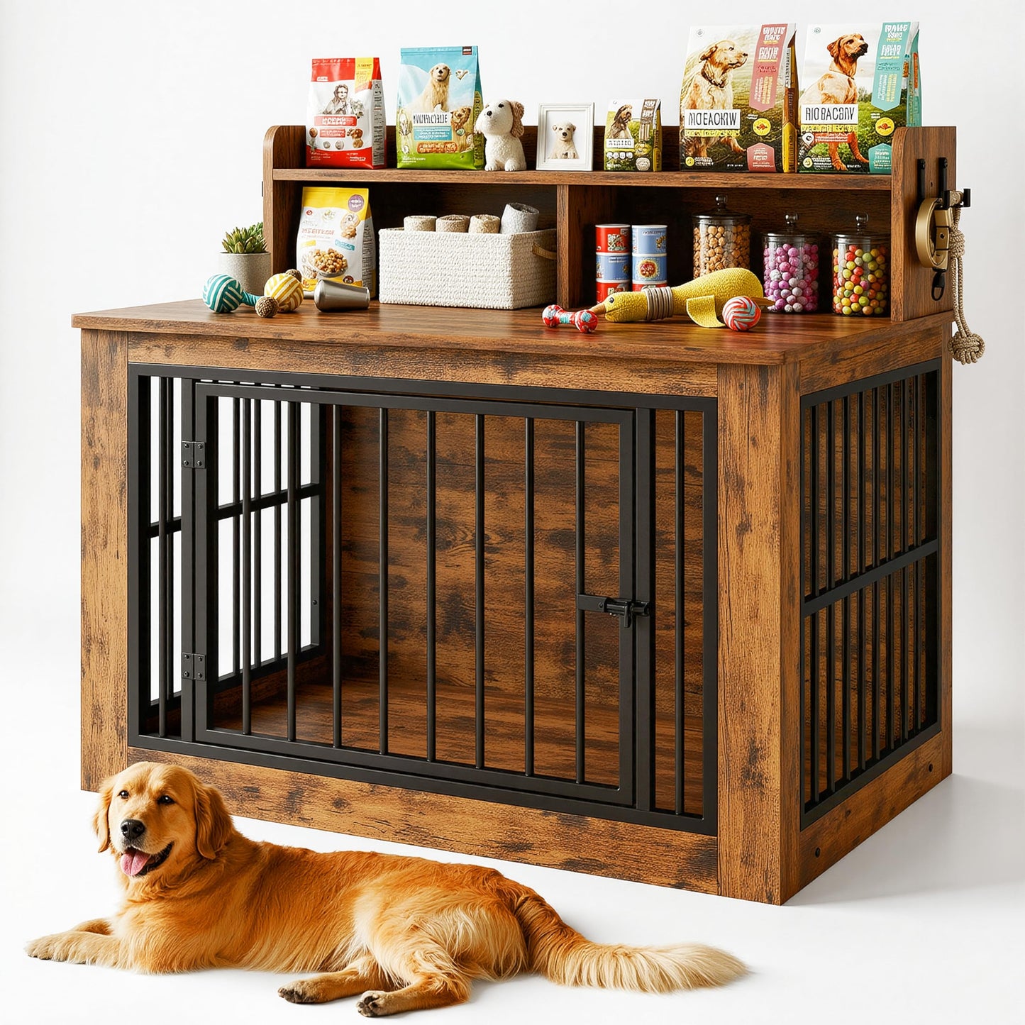 IRONCK Extra Large Dog Crate Furniture, 43.3 inches Wooden Dog Crate with Storage and 4 Hooks, Heavy Duty Pet Crate for Large Dog, Decorative Pet Cage for Indoor (30" L x 43.3" W x 41.1" H)