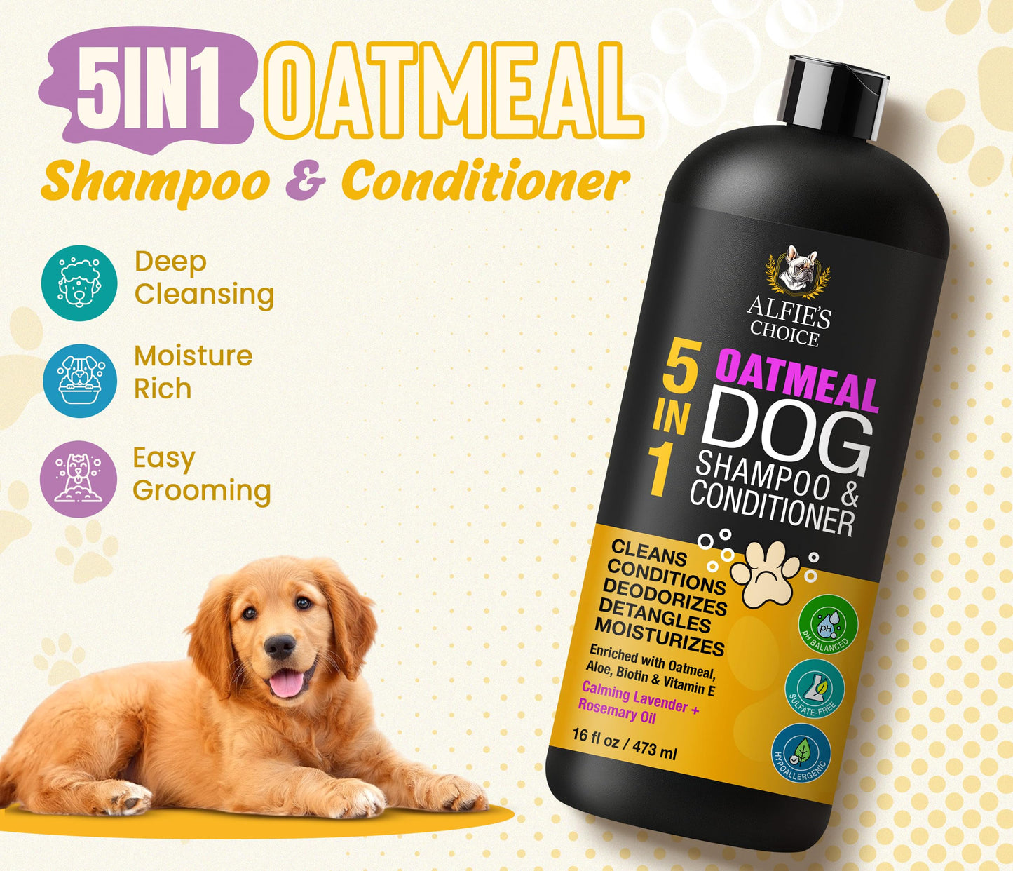 ALFIE'S CHOICE Oatmeal Dog Shampoo and Conditioner 5-in-1 | 16 fl oz | with Aloe, Biotin & Vitamin E | for Dry, Itchy & Sensitive Skin | Cleans, Deodorizes & Detangles for All Breeds