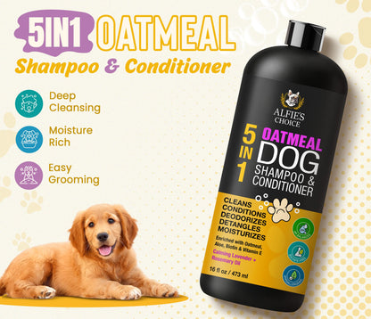 ALFIE'S CHOICE Oatmeal Dog Shampoo and Conditioner 5-in-1 | 16 fl oz | with Aloe, Biotin & Vitamin E | for Dry, Itchy & Sensitive Skin | Cleans, Deodorizes & Detangles for All Breeds