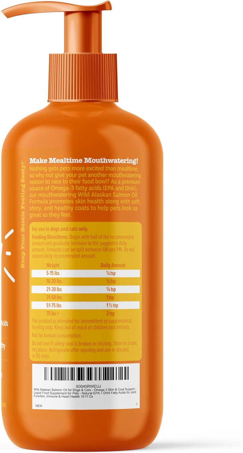 Wild Alaskan Salmon Oil Formula for Dogs & Cats - Omega 3 Skin & Coat Support - Liquid Food Supplement for Pets - Natural EPA + DHA Fatty Acids for Joint Function, Immune & Heart Health 16oz