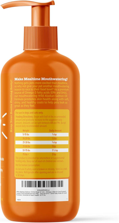 Wild Alaskan Salmon Oil Formula for Dogs & Cats - Omega 3 Skin & Coat Support - Liquid Food Supplement for Pets - Natural EPA + DHA Fatty Acids for Joint Function, Immune & Heart Health 16oz