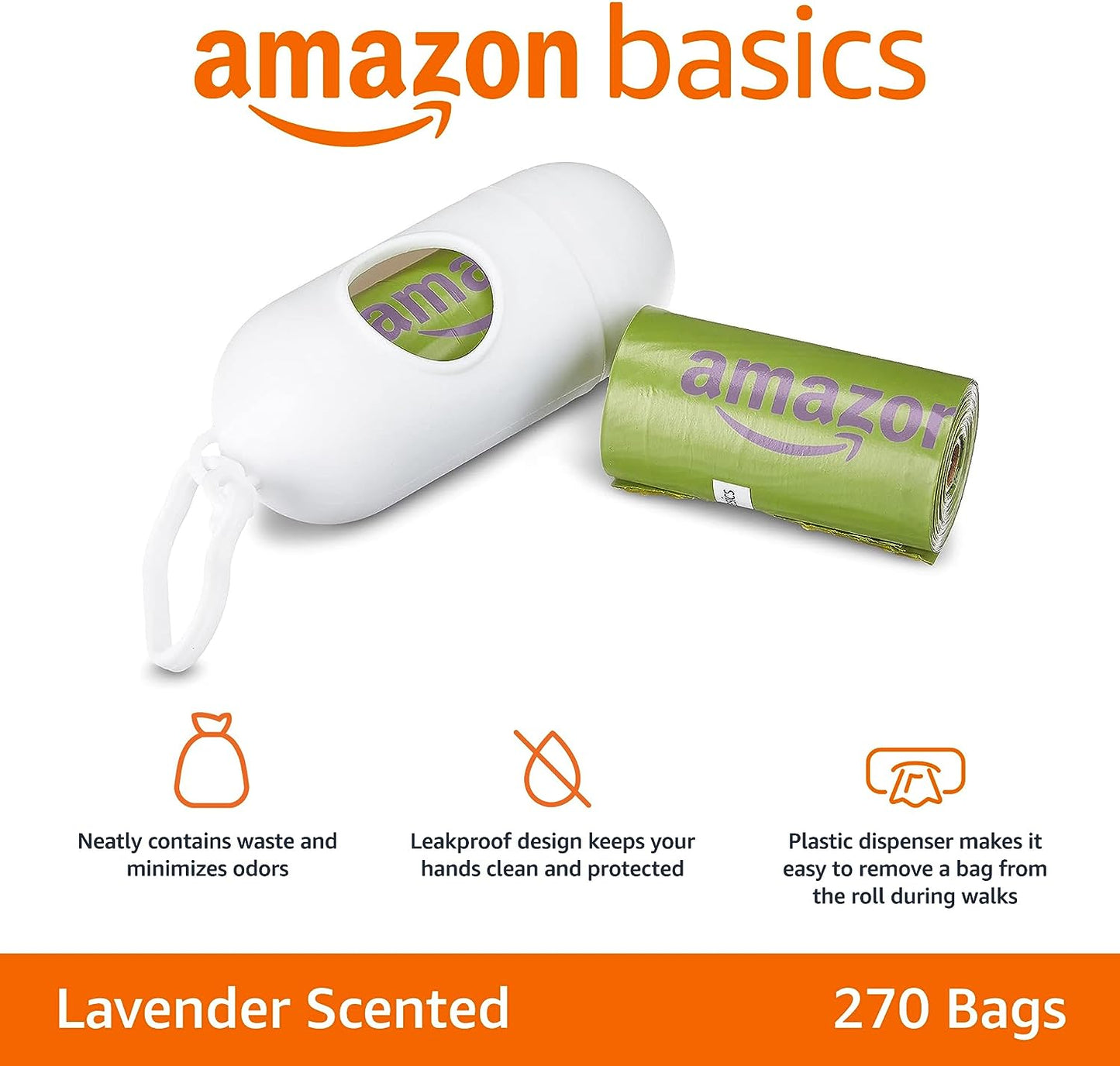 Amazon Basics Leakproof Dog Poop Bags With Dispenser and Leash Clip, Lavender Scented, 270 Count (18 Packs of 15), 13 Inch x 9 Inch