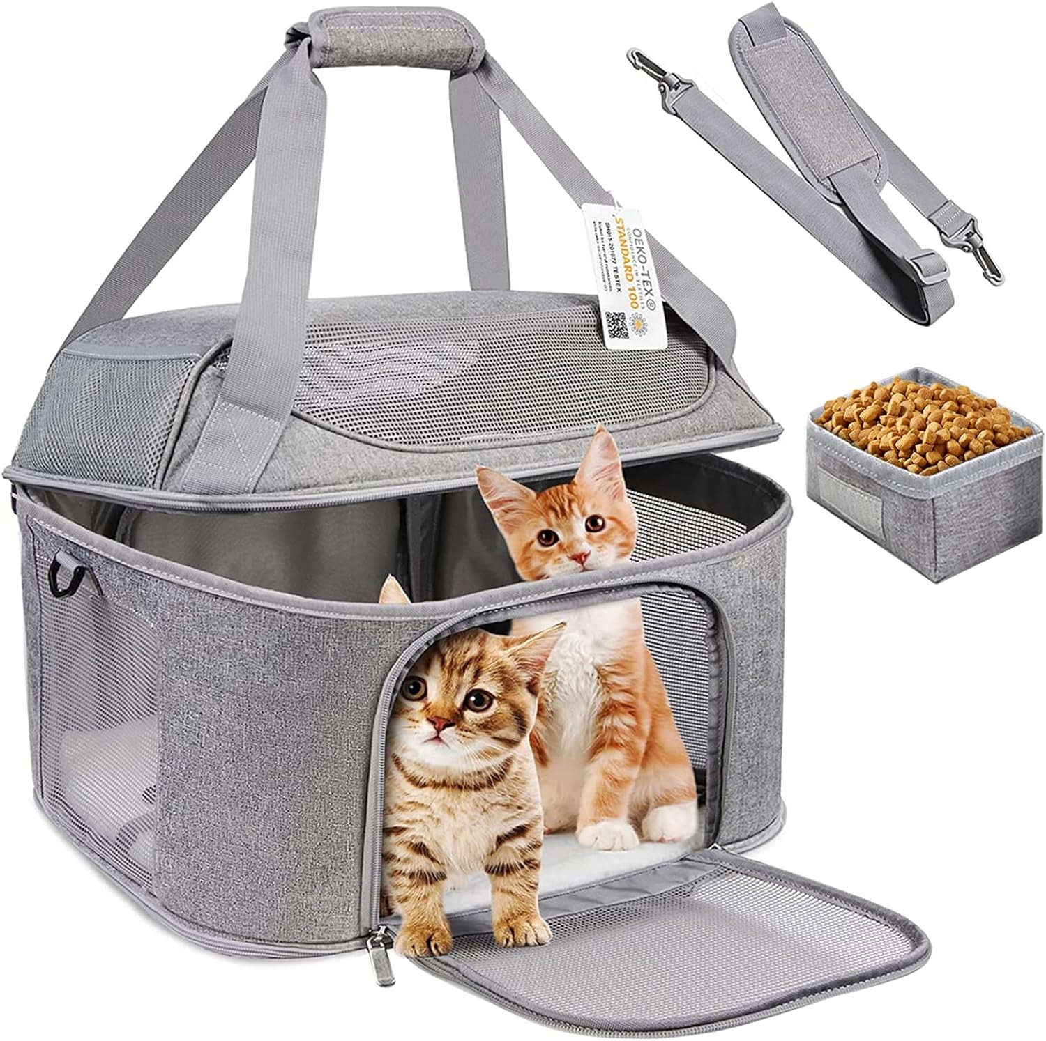 Large Cat Carrier for 2 Cats, Soft Side Pet Carrier for Cats Small Dog, Collapsible Travel Dog Carrier Bag, OEKO-TEX Certified TSA Airline Approved Cat Carrier Backpack for Cats 20 Lbs (Gray)