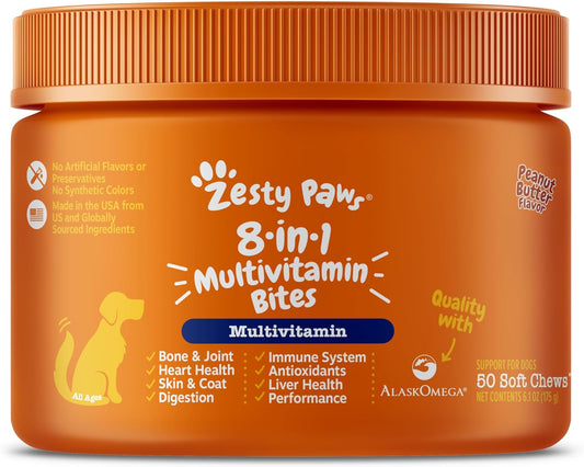 Zesty Paws Multivitamin Treats for Dogs - Glucosamine Chondroitin for Joint Support + Digestive Enzymes & Probiotics - Grain Free Dog Vitamin for Skin & Coat + Immune Health - 50 Count