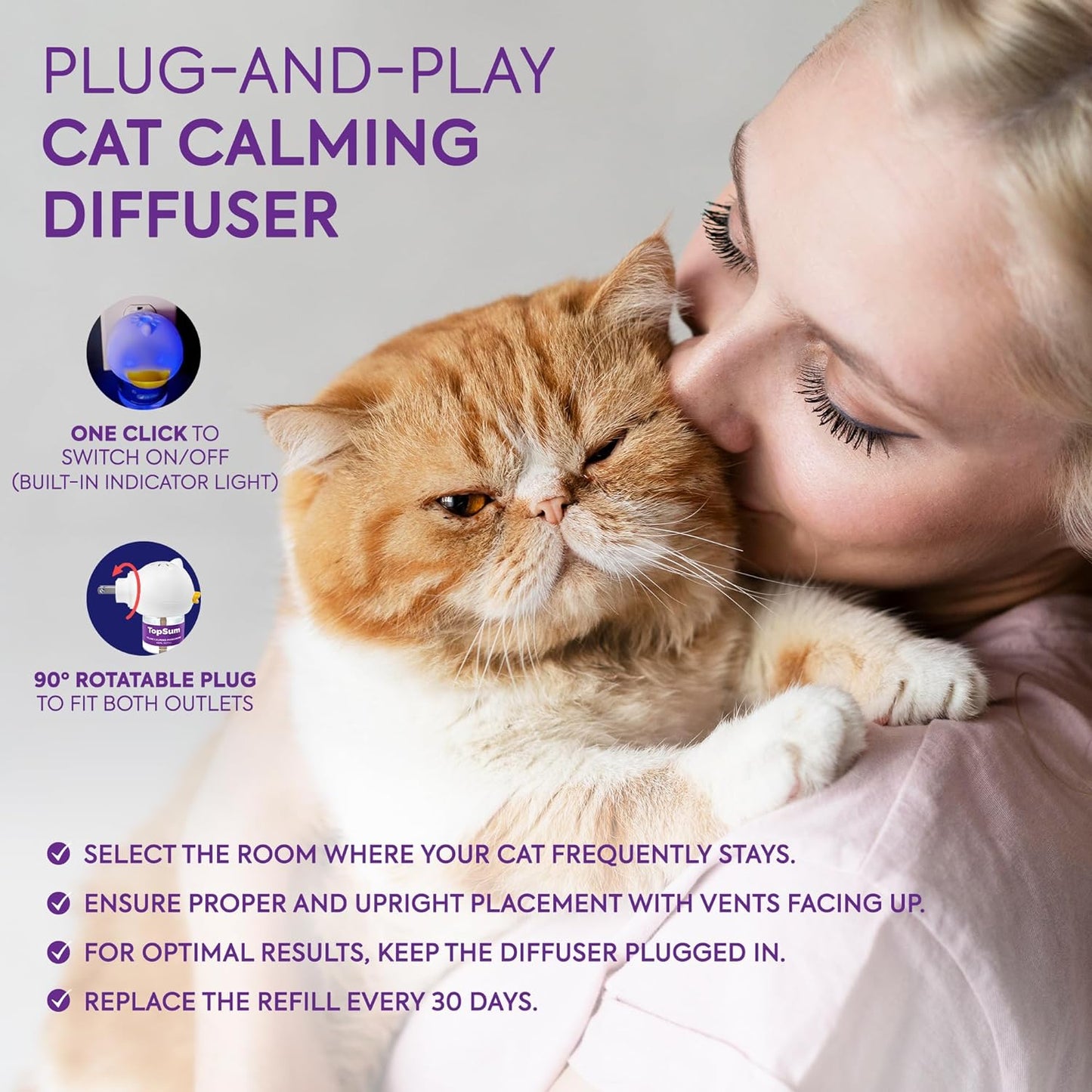 Cat Calming Diffuser Refills: 4 Pack Cat Pheromones Calming Diffuser Refill - Premium Cat Calming Diffuser Refill - Cat Pheromones for 4-Month Use, Cat Anxiety Relief, 4 Pack (Light Purple)