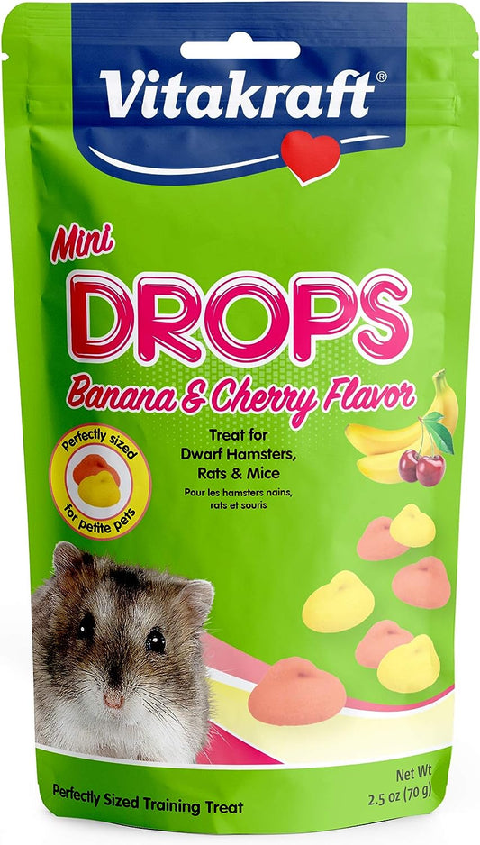 Vitakraft Drops Mini Banana & Cherry Flavor Dwarf Hamster, Rat, and Mouse Treat, 2.5 oz, Multi