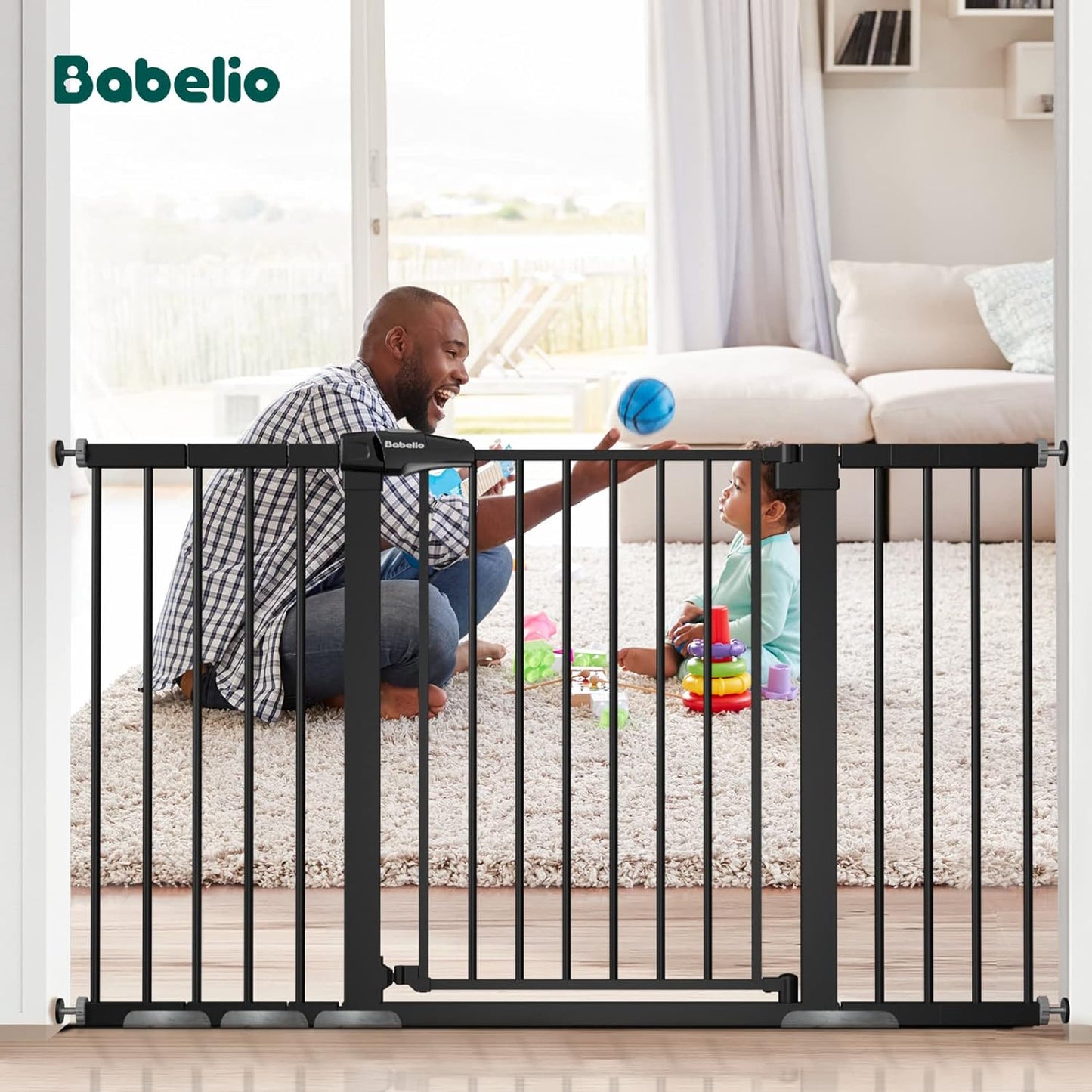 BABELIO 29-55 Inch Extra Wide Baby Gate, Metal Auto Close Dog Gate, Pressure Mounted Pet Gate for Doorways, NO Tools Needed NO Drilling, with Wall Cups, White