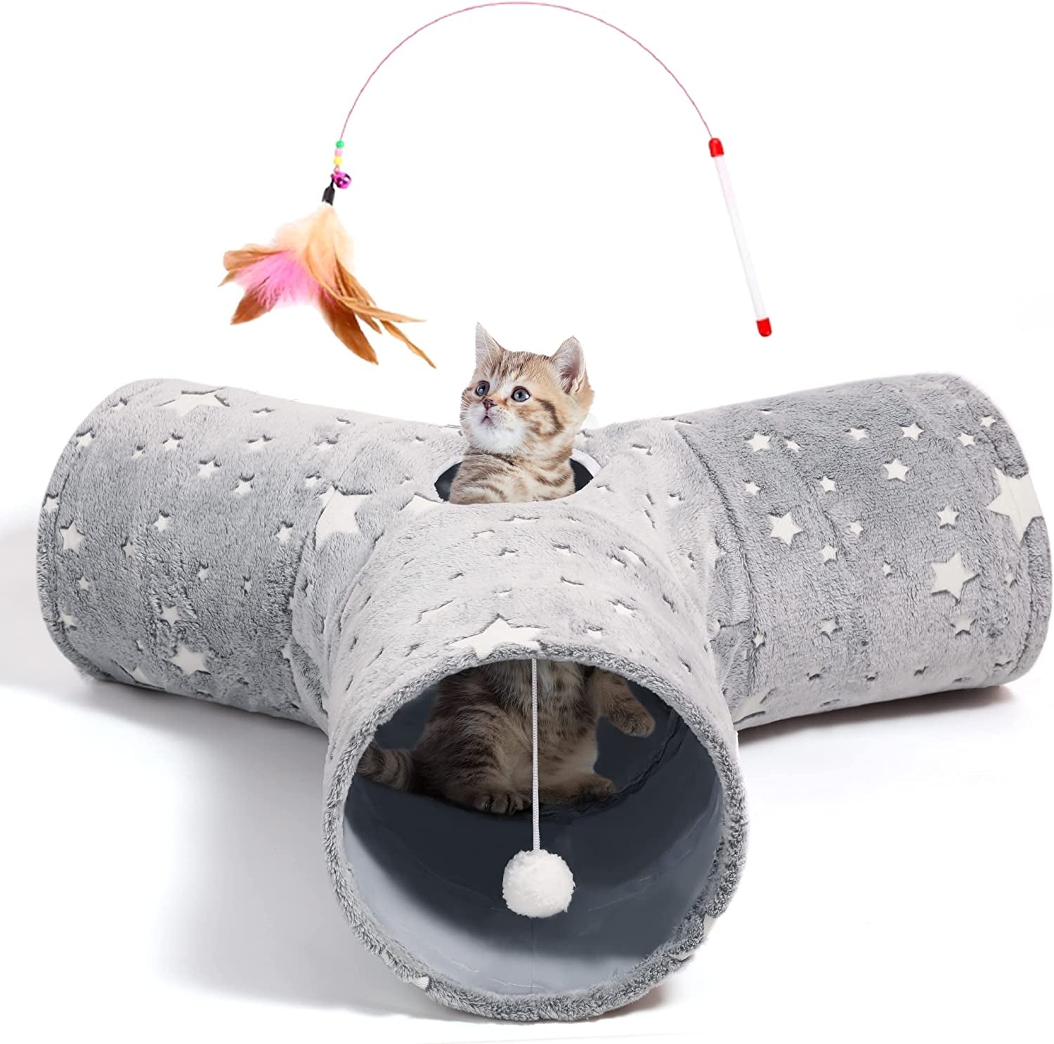 Pet Cat Tunnel Tube Cat Toy 3 Way Collapsible, Cat Tunnels for Indoor Cats Self-Luminous Photoluminescence，Kitty Tunnel Bored Cat Pet Toys Peek Hole Toy Ball Cat, Puppy, Kitty, Kitten, Rabbit