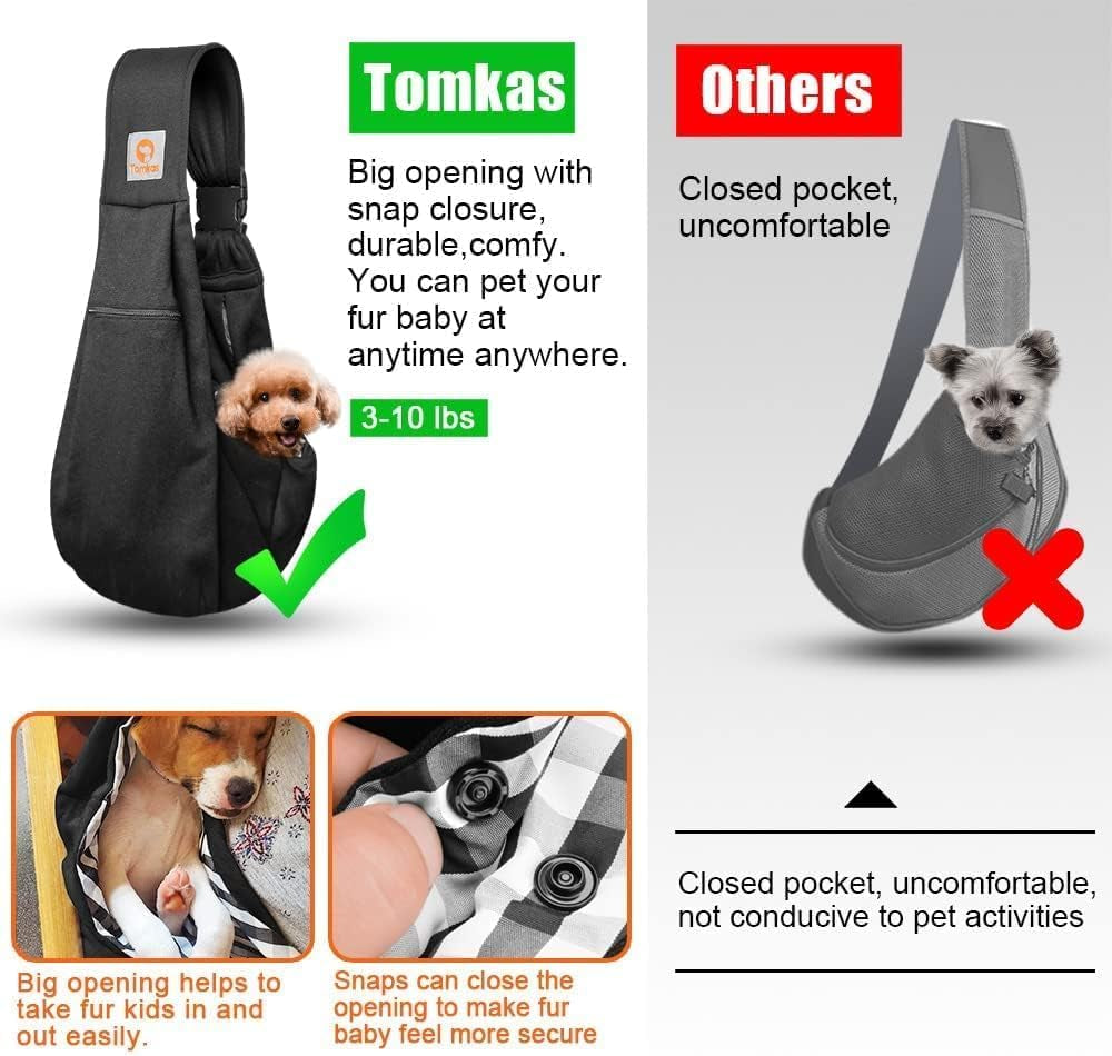 Tomkas Small Dog Sling Carrier - Adjust. Strap & Zip Pocket - Suitable for Puppies (Black)