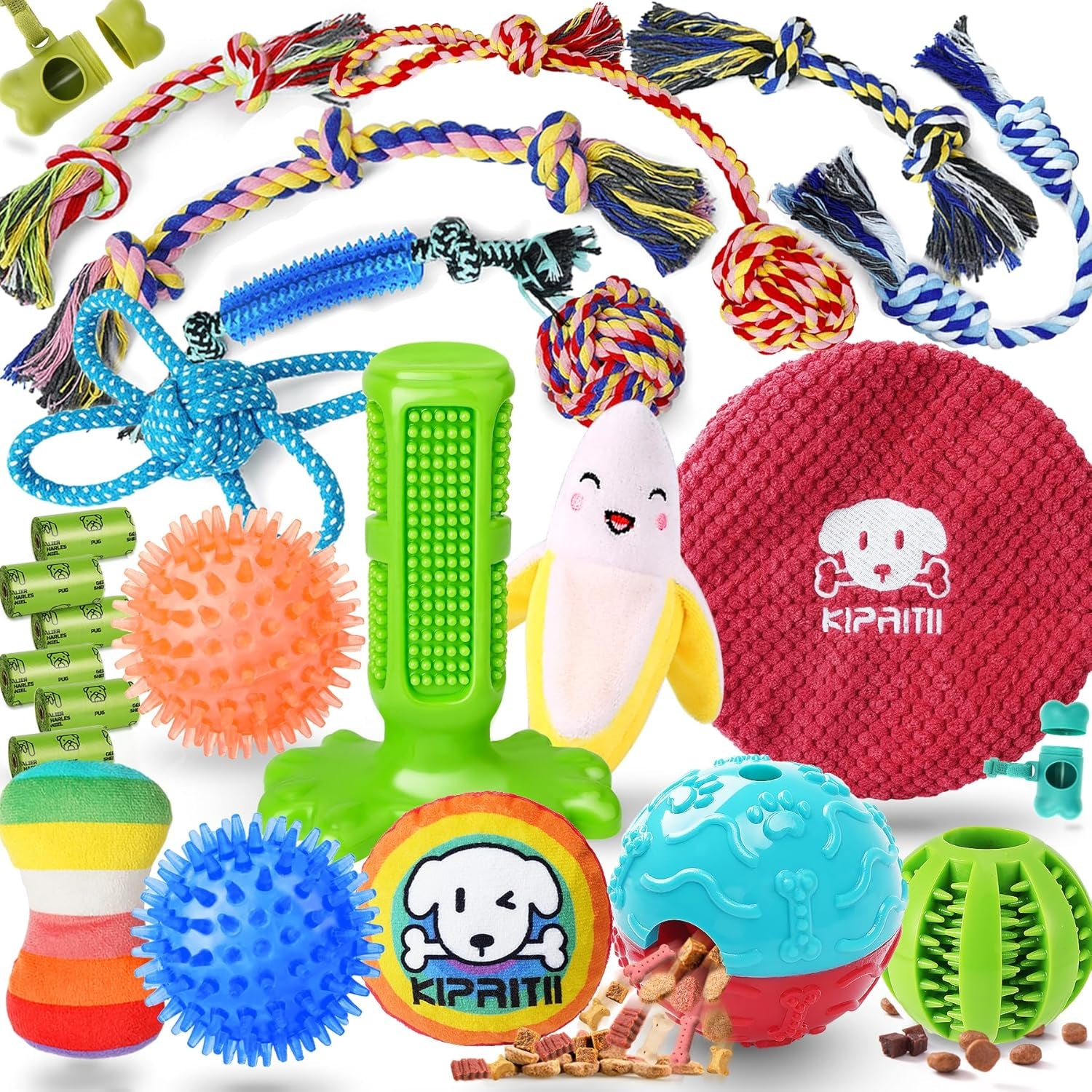 KIPRITII Assorted Dog Chew Toys Tailored for 25-50Lbs Dogs-14 Pack Various Puppy Toys Dog Teething Toys for Boredom with Rope Toys, Dog Treat Balls & Squeaky Toys for Small, Medium & Large Breeds