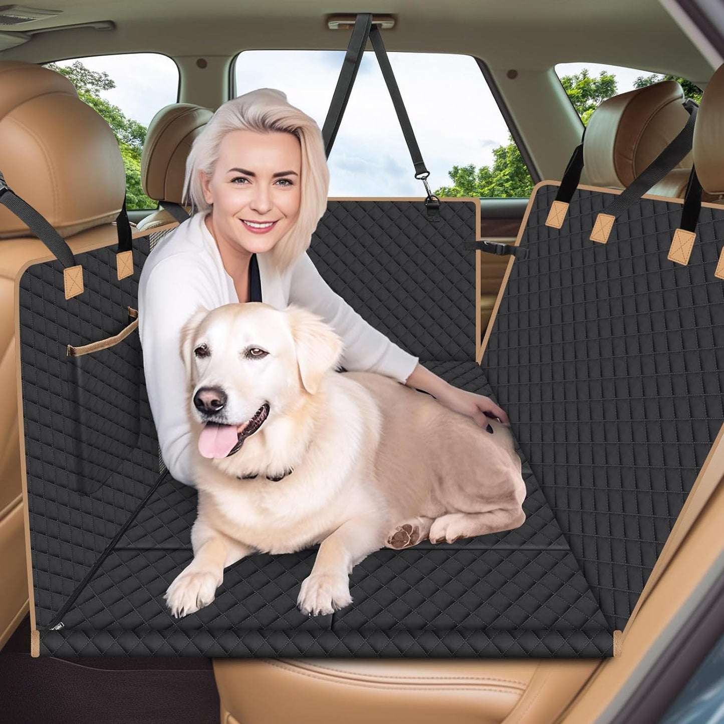 Dog Car Seat Cover for Back Seat, Larger Dog Car Bed Cover with Strong Bottom, Car Back Seat Extender for Dogs, Dog Hammock for Car SUV Truck, Black Footprint
