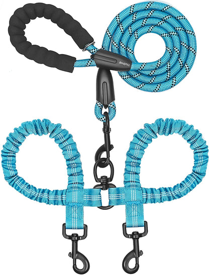 Iyoshop Dual Dog Leash, Double Dog Leash, 360 Swivel No Tangle Walking Leash, Shock Absorbing Bungee for Two Dogs, Blue, Medium (8-35 Lbs)