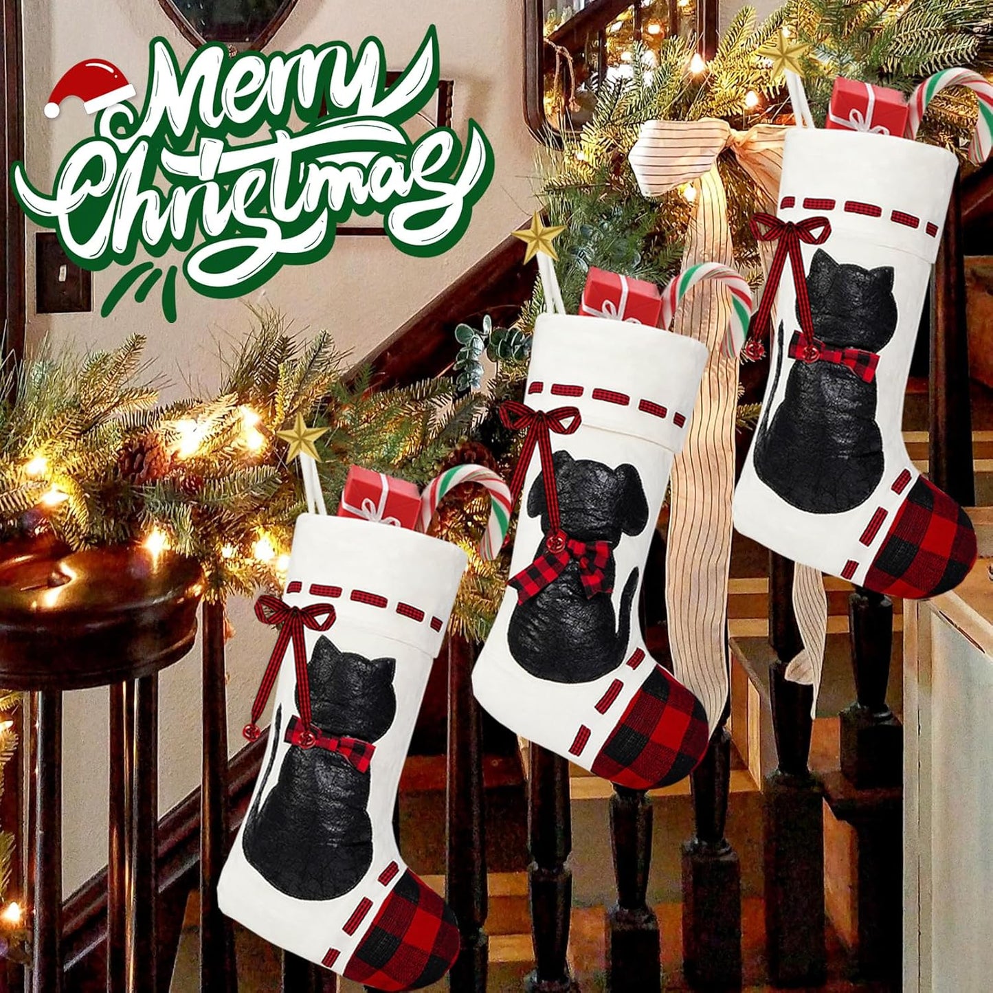 Cat Christmas Stocking 19’’ Xmas Pet Hanging Stockings with 3D Black Leather Cat Pattern Oversize Handmade Xmas Fireplace Hanging Stockings Decorations for Family Holiday Season Party Decor Pets Gifts