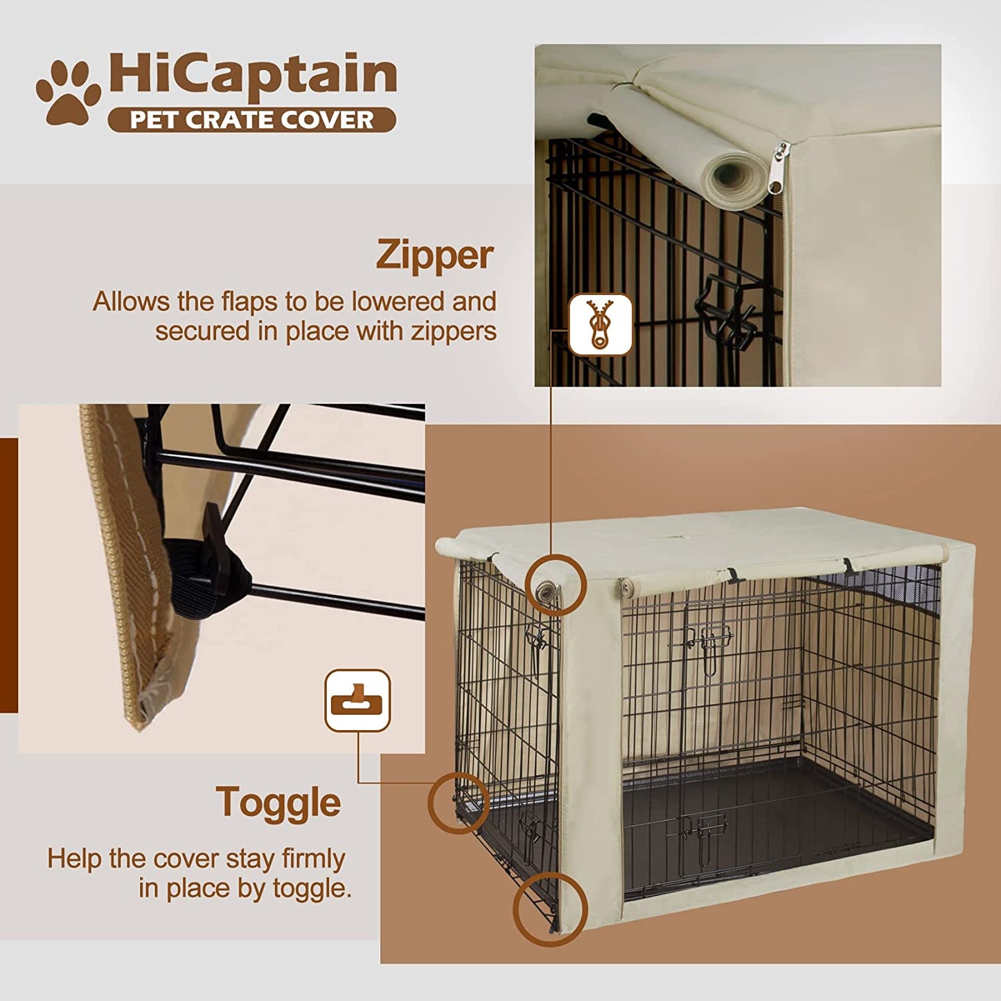 Hicaptain Polyester Dog Crate Cover - Durable Windproof Pet Kennel Cover for Wire Crate Indoor Outdoor Protection (36 Inches, Light Tan)