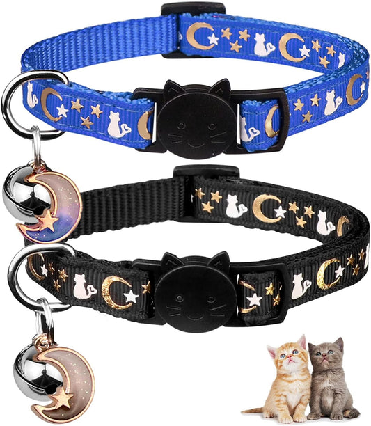 2PCS Breakaway Cat Collars with Bell Moons Stars Cute Kitty Adjustable Safe Kitten Collars with Pendant Glow in the Dark(Black&Blue)