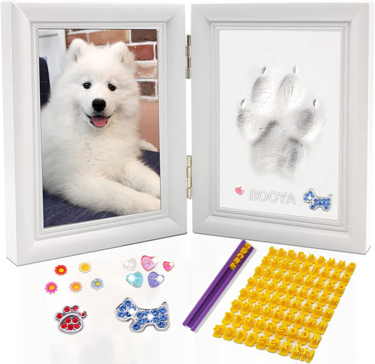 Dog or Cat Paw Print Kit with Trinkets,Pet Paw Print Impression Kit with 2 Clay,Wooden Dog Picture Frame,Personalized Gift Keepsake for Pet Lovers-White