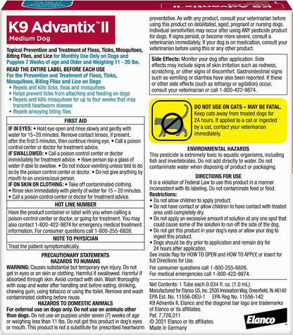 K9 Advantix II Medium Dog Vet-Recommended Flea, Tick & Mosquito Treatment & Prevention | Dogs 11-20 Lbs. | 6-Mo Supply