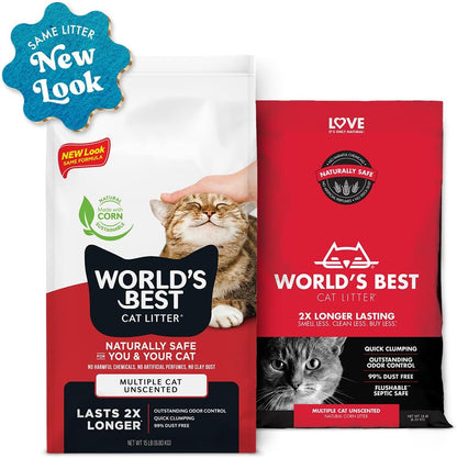 WORLD'S BEST CAT LITTER Multiple Cat Unscented, 15-Pounds - Natural Ingredients, Quick Clumping, Flushable, 99% Dust Free & Made in USA - Long-Lasting Odor Control & Easy Scooping