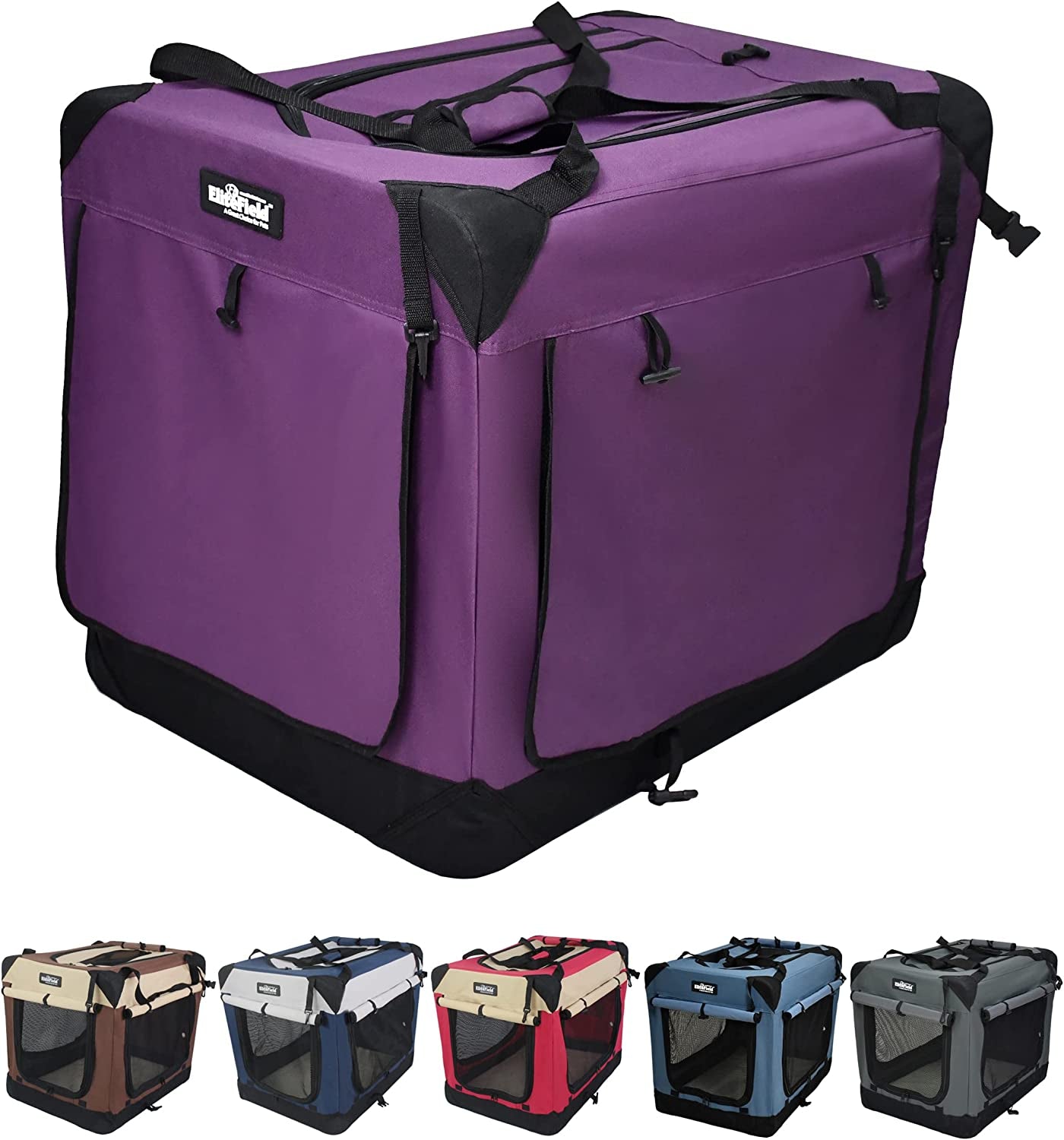 Elitefield 4-Door Folding Soft Dog Crate with Curtains, Carrying Bag and Fleece Bed (2 Year Warranty), Indoor & Outdoor Pet Home (42" L X 28" W X 32" H, Purple+4 Door Curtains)