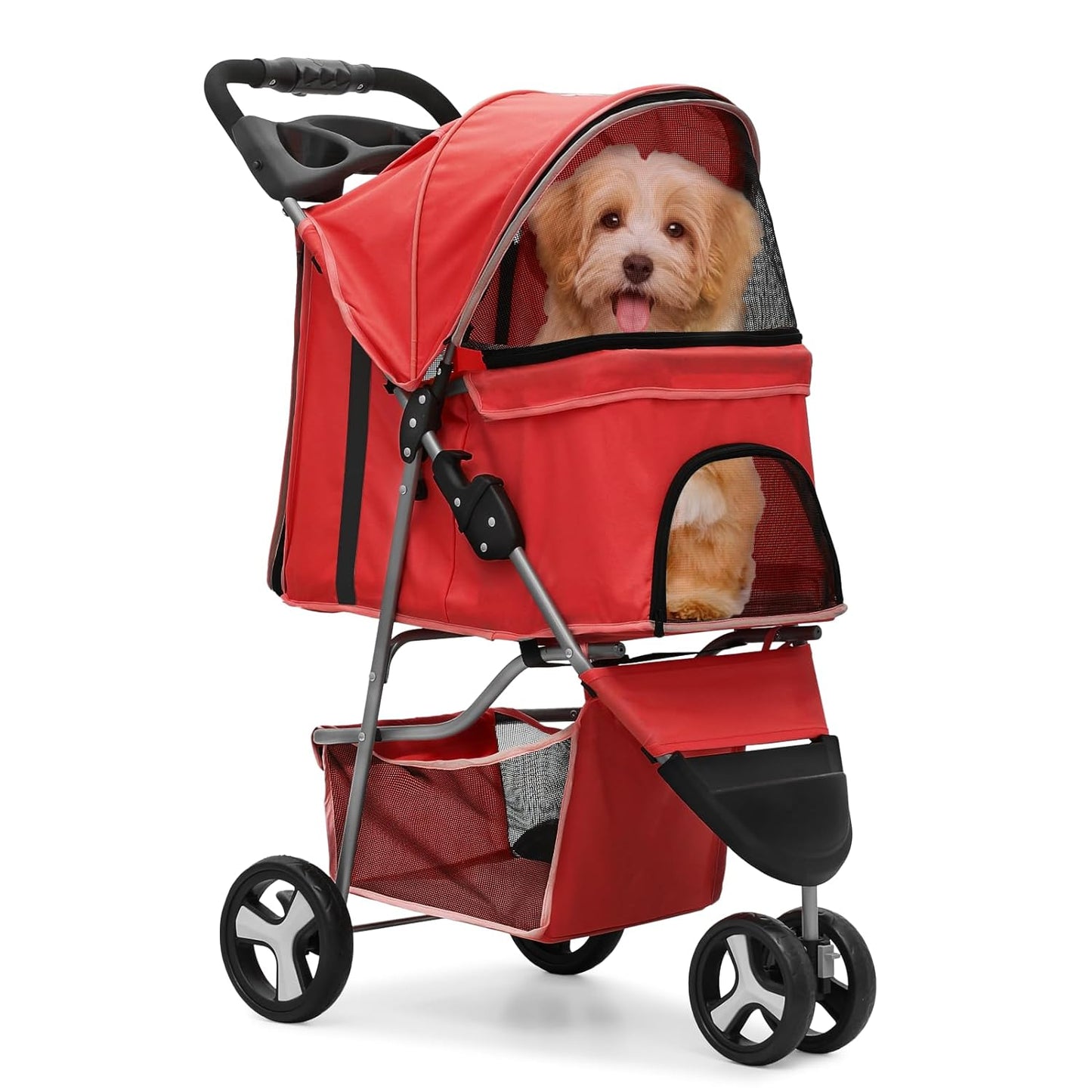 Monibloom 3 Wheels Pet Stroller, Foldable Puppy Cage Jogger Stroller with Weather Cover for All-Season, Storage Basket and Cup Holder, Breathable and Visible Mesh for Small/Medium Pets, Red