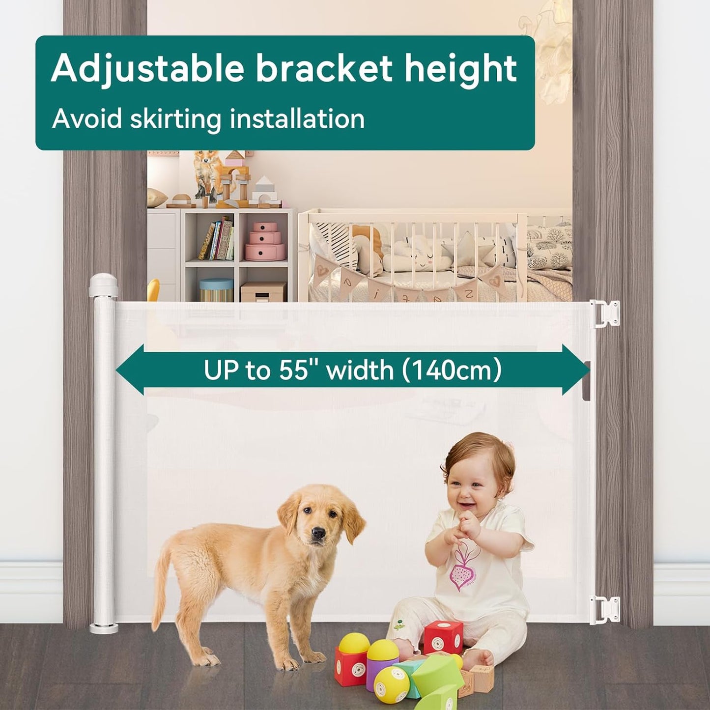 YOOFOR Retractable Baby Gate, Extra Wide Safety Kids or Pets Gate, 33” Tall, Extends to 55” Wide, Mesh Safety Dog Gate for Stairs, Indoor, Outdoor, Doorways, Hallways (Grey, 33"X55")