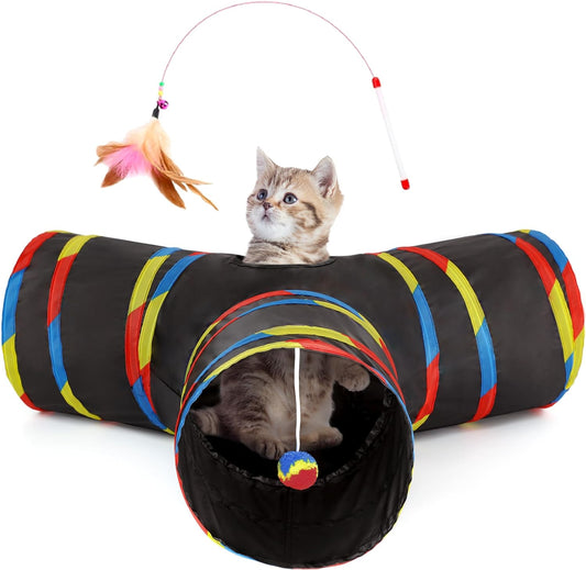 Pet Cat Tunnel Tube Cat Toys 3 Way Collapsible, Cat Tunnels for Indoor Cats，Kitty Tunnel Bored Cat Pet Toys Peek Hole Toy Ball Cat, Puppy, Kitty, Kitten, Rabbit Black & Rainbow