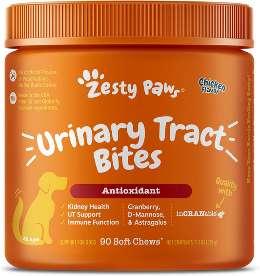 Zesty Paws Cranberry Bladder Bites for Dogs - Kidney & Urinary Tract Health - Soft Chews with D-Mannose, Vitamin B6 & L-Arginine - Immune & Gut Support - Chicken - 90 Count