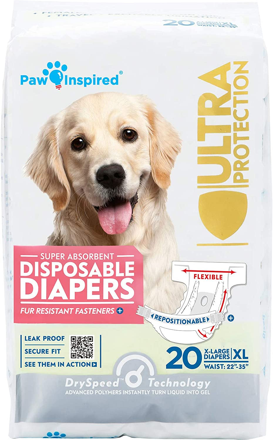 Paw Inspired Disposable Dog Diapers | Female Dog Diapers Ultra Protection | Diapers for Dogs in Heat, Excitable Urination, or Incontinence (X-Large (20 Count))