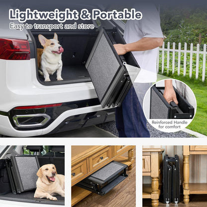 Dog Ramp for Car -Petthem Folding Pet Steps for Medium & Large Dogs, 63" Long & 17" Extra Wide Dog Car Ramp up to 250LBS Enter a Car SUV & Truck, Portable Pet Stair Ramp with Non-Slip Rug Surface