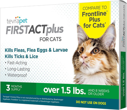 Tevrapet Firstact plus Flea and Tick Topical for Cats over 1.5Lbs, 3 Dose Waterproof Flea and Tick Control/Prevention for 3 Months