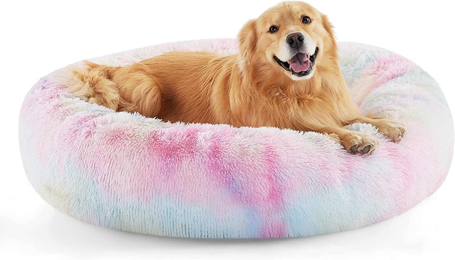 Bedsure Calming Dog Bed for Extra Large Dogs - Donut Washable Large Pet Bed, Anti-Slip round Fluffy Plush Faux Fur Dog Bed, Fits up to 125 Lbs Pets, Multi-Colored, 45 Inches