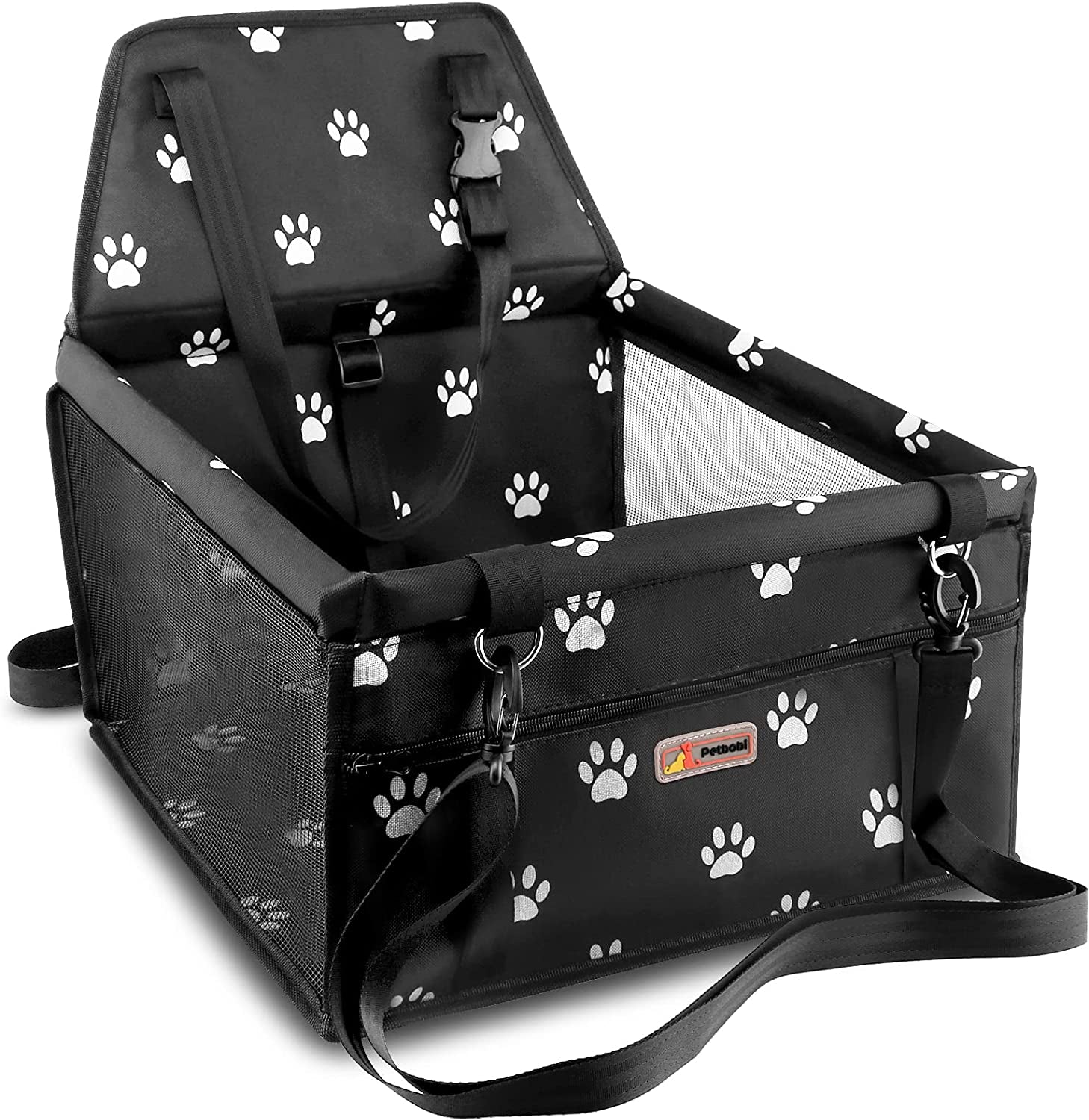 Petbobi Pet Reinforce Car Booster Seat for Dog Cat Portable and Breathable Bag with Seat Belt Dog Carrier Safety Stable for Travel Look Out,With Clip on Leash with PVC Tube (Foot)