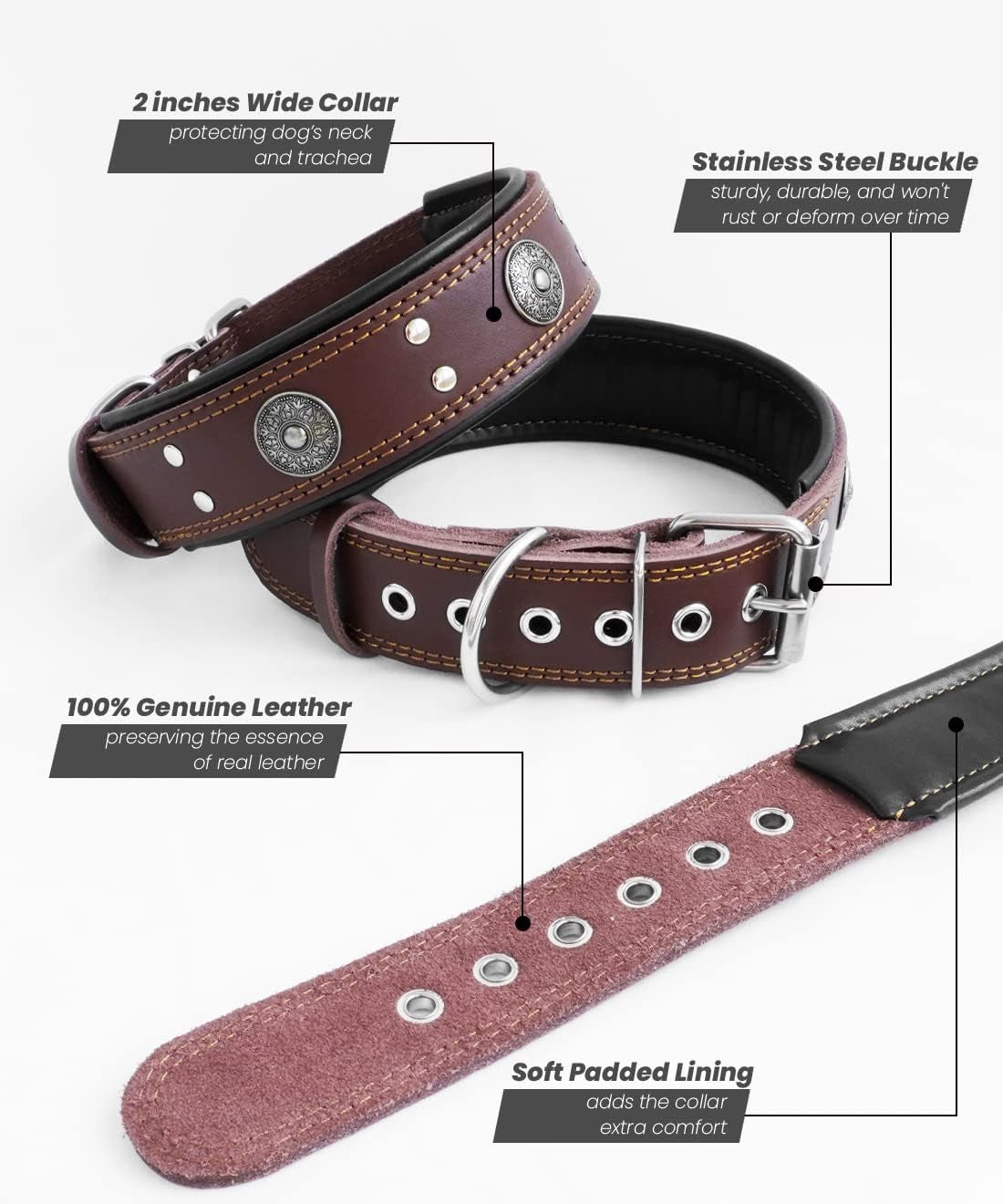 Leather Dog Collar, 2 inches Wide Heavy Duty Genuine Leather Collars, Handmade, Soft, and Luxury, Eye-catching Best Choice for Large and Medium Breed Dogs 19.5-23.5 inches