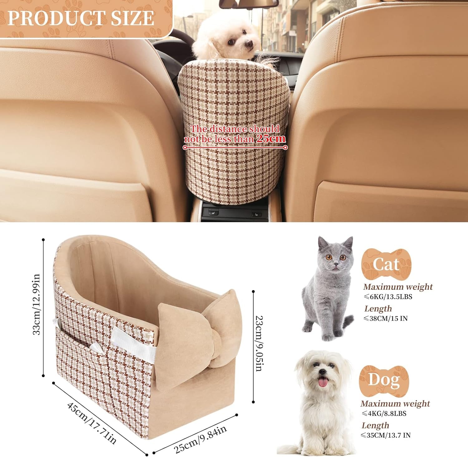 Dog Car Seat for Small Dog Booster Seat Middle Console Doggie Seat Puppy Car Seat for Small Dogs 0-15 Ibs(Brown)