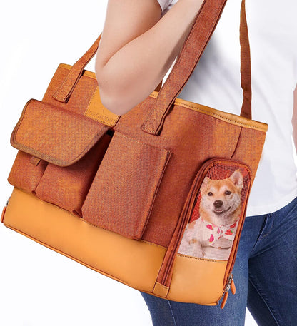 Cat Carrier, Dog Carrier, Pet Carrier, Foldable Waterproof Premium PU Leather Oxford Cloth Dog Purse, Portable Bag Carrier for Small to Medium Cat and Small Dog-Brown