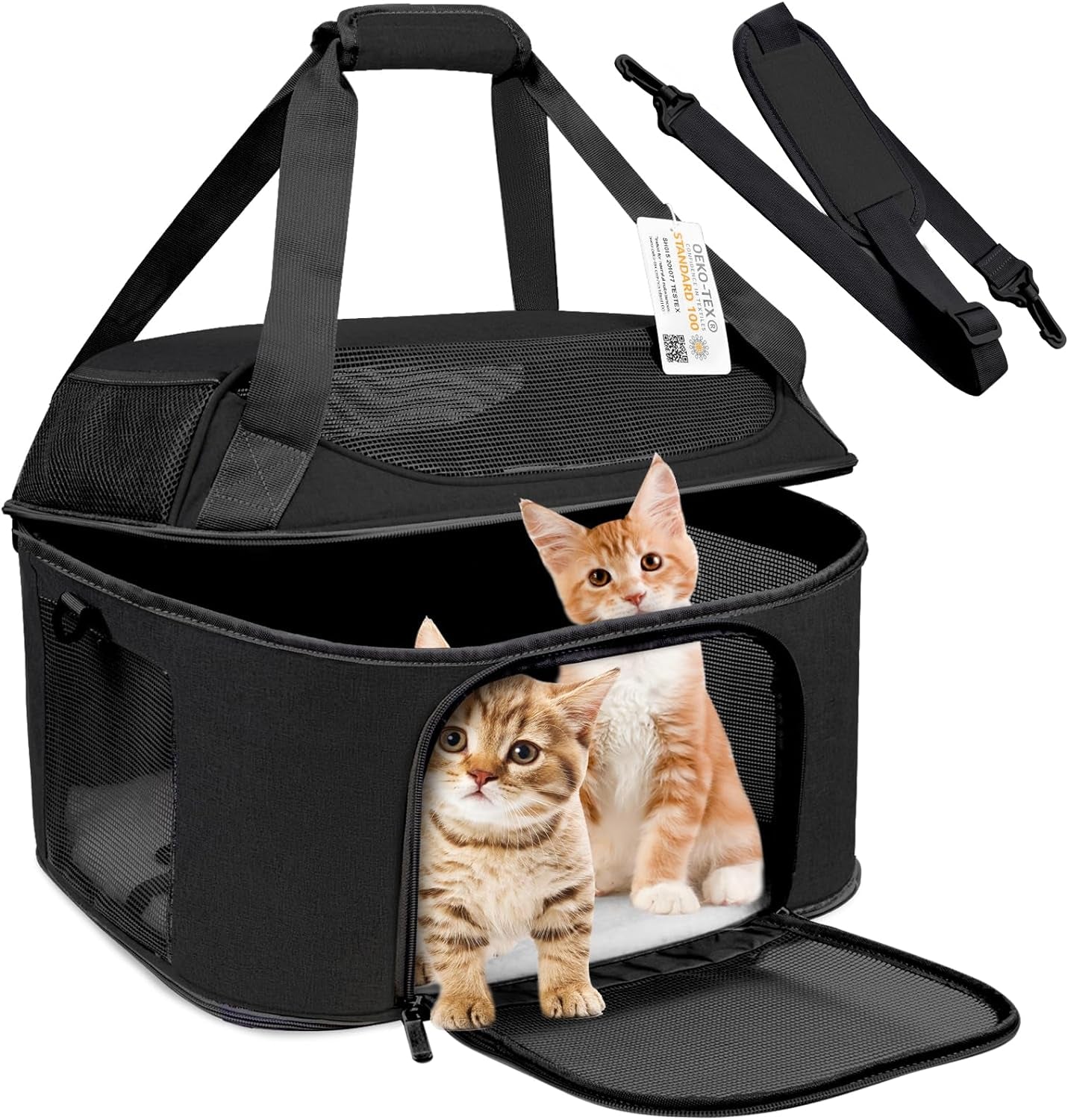 Large Cat Carrier for 2 Cats, Soft Side Carrier for Cats Small Dogs, Collapsible Travel Dog Carrier Oeko-Tex Certified, TSA Airline Approved Cat Carrier Backpack for 20 Lbs Cat,Black