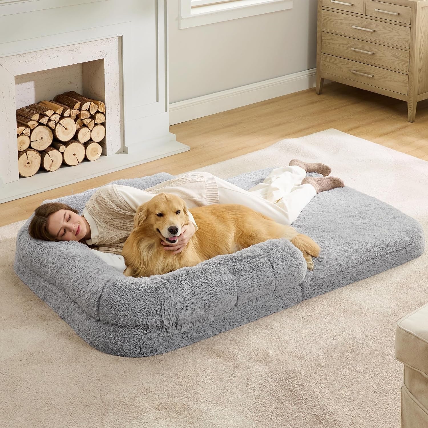 Bedsure Foldable Human Dog Bed for People Adults, 2 in 1 Calming Human Size Giant Dog Bed Fits Pet Families with Egg Foam Supportive Mat and Waterproof Liner, Faux Fur Orthopedic Dog Sofa, Camel