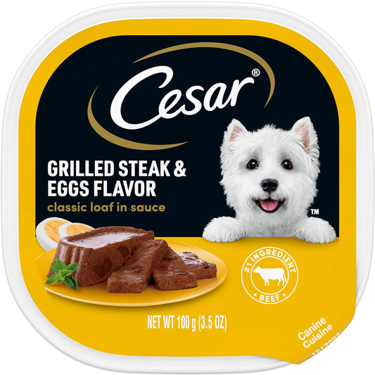 CESAR Adult Wet Dog Food Classic Loaf in Sauce Grilled Steak and Eggs Flavor, 3.5 Oz. Easy Peel Trays, Pack of 24