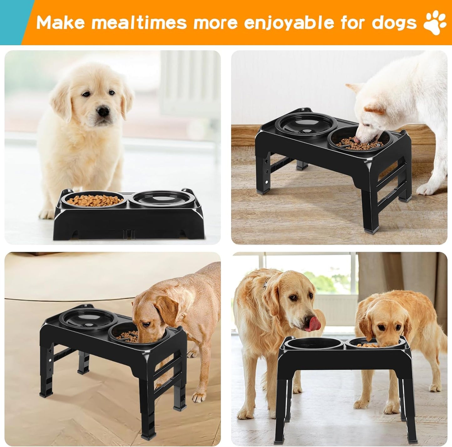 Elevated Dog Bowls, 2-in-1 Dog Feeder with Slow Feeder Dog Bowls & No Spill Dog Water Bowl, 4 Heights Adjustable Raised Dog Bowl Stand Non-Slip & Anti-Dust Dog Food Bowl for Medium Large Dogs, Black