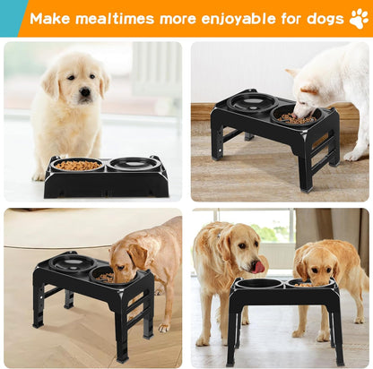 Elevated Dog Bowls, 2-in-1 Dog Feeder with Slow Feeder Dog Bowls & No Spill Dog Water Bowl, 4 Heights Adjustable Raised Dog Bowl Stand Non-Slip & Anti-Dust Dog Food Bowl for Medium Large Dogs, Black