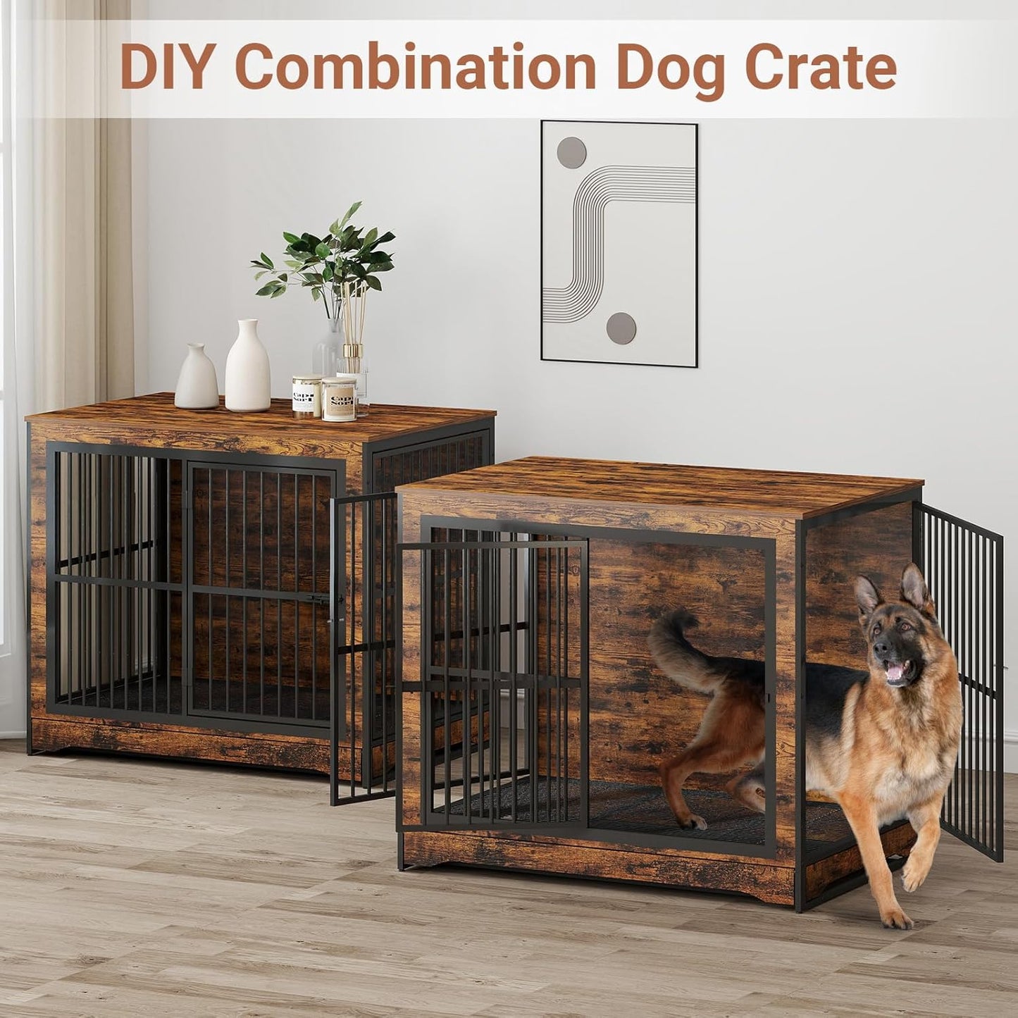 86 Inch DIY Double Dog Crate Furniture, 4 Combination Forms Large Dog Kennel Furniture with Divider and Trays, Rustic Brown Corner Double Dog Crate for 2 Dogs