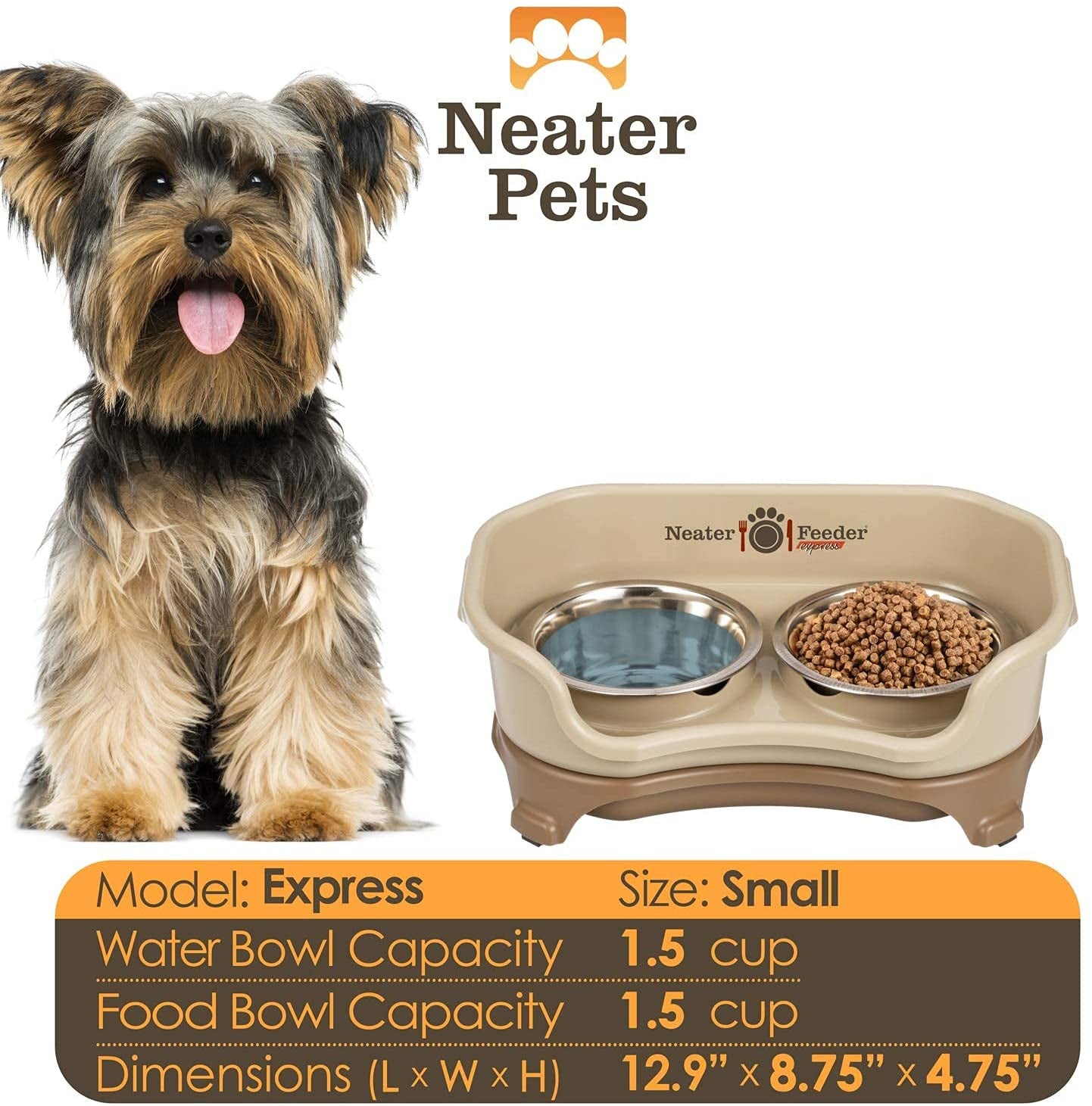 Neater Feeder - Express Model - Mess-Proof Dog Bowls (Medium/Large, Cappuccino) – Made in USA – Elevated, No Spill, Non-Tip, Non-Slip, Raised Stainless Steel Food & Water Pet Bowls