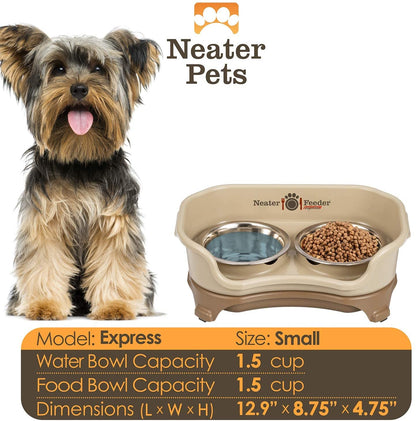 Neater Feeder - Express Model W/Slow Feed Bowl - Mess-Proof Dog Bowls (Small, Cappuccino) Made in USA –Elevated, No Spill, Non-Tip, Non-Slip, Raised Stainless Steel Food/Water Pet Bowls Aid Digestion