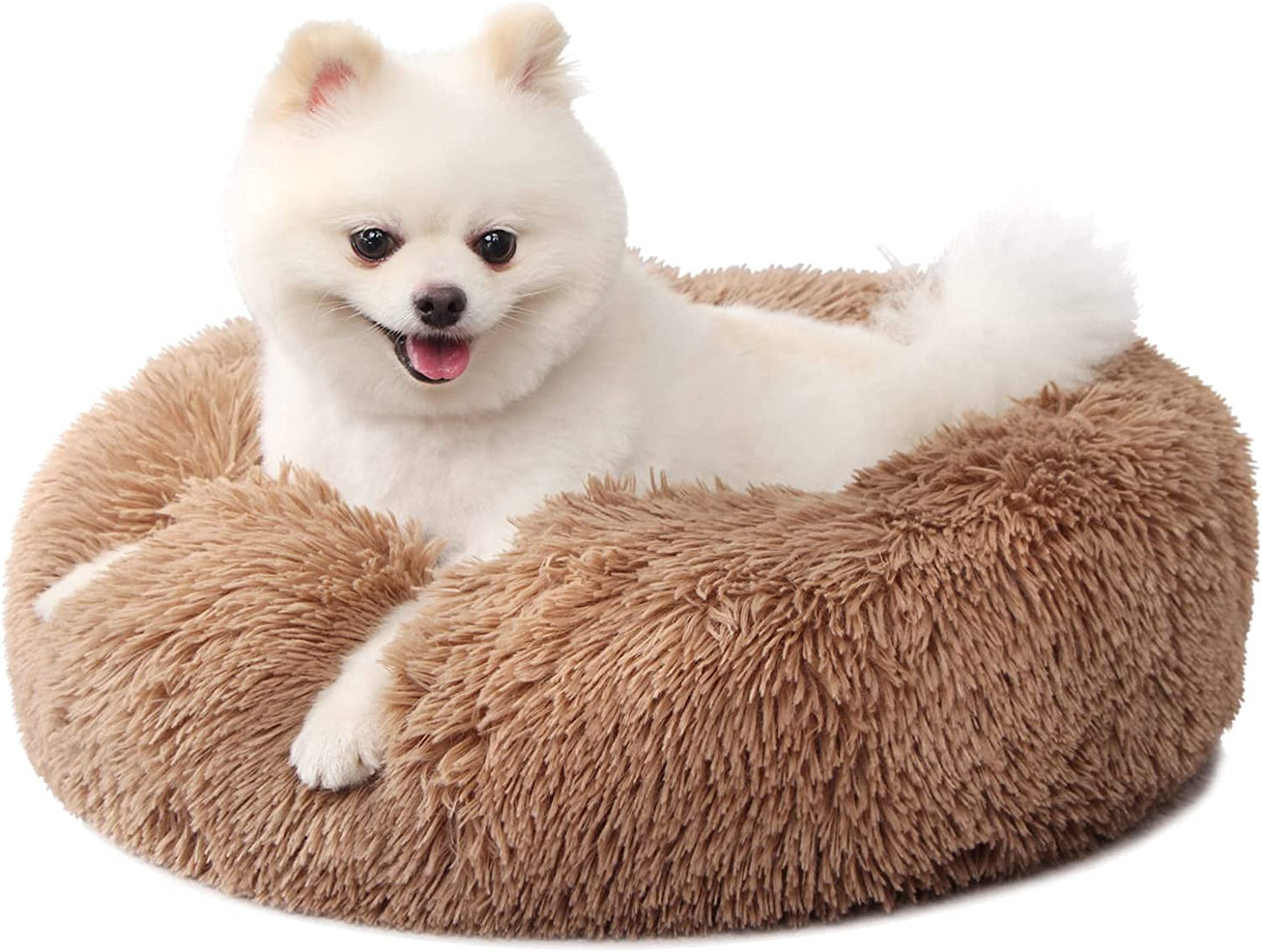 Nononfish Small Puppy Beds for Small Dogs Washable - 19 Inches round Faux Fur Pet Bed for Puppy and Cat Donut Fluffy Plush Orthopedic Doggy Beds Relief Improved Sleeping,Camel